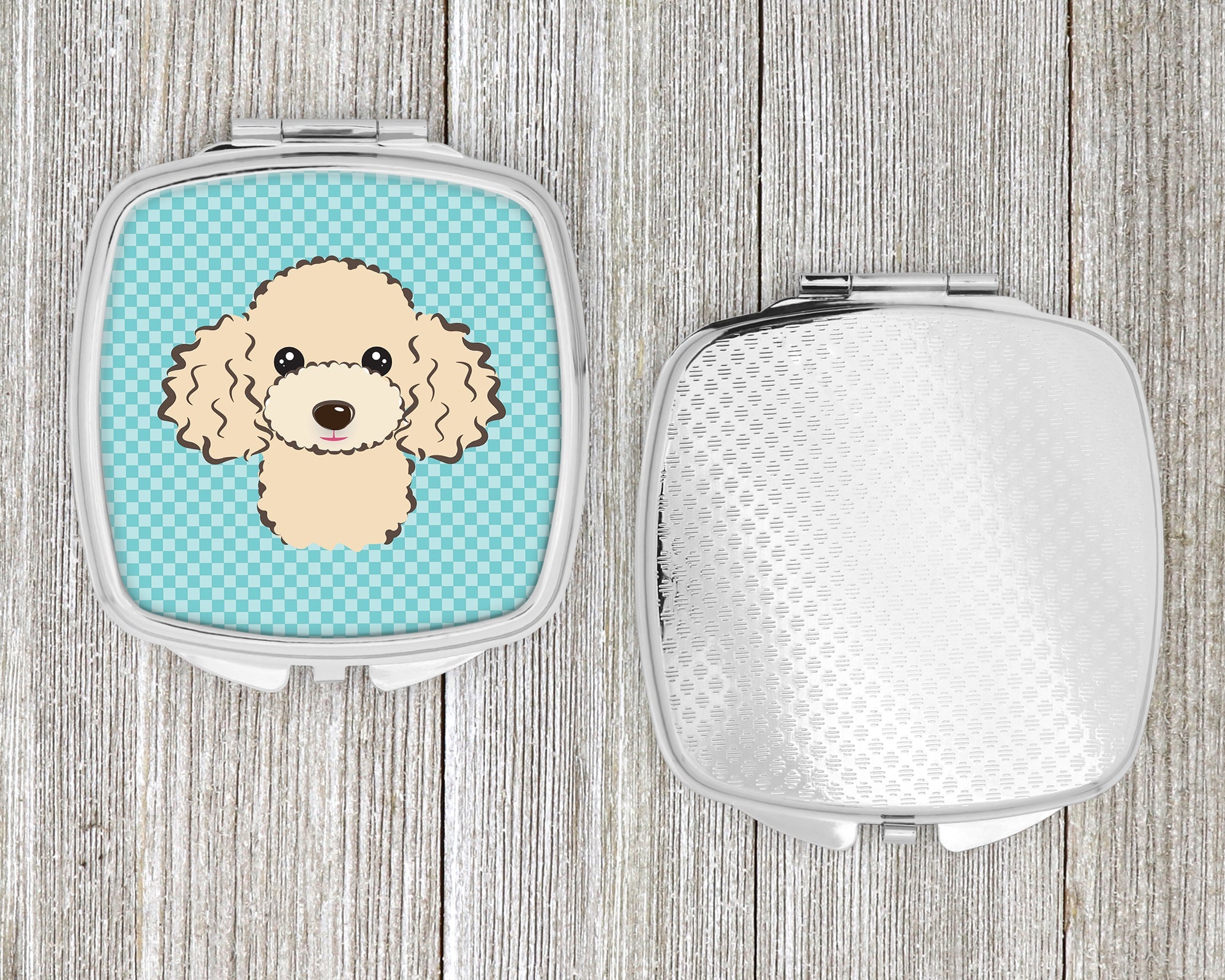 Checkerboard Blue Buff Poodle Compact Mirror Decorative Travel Makeup Mirror for Women Girls Gifts Pocket Makeup Mirror Folding Handheld