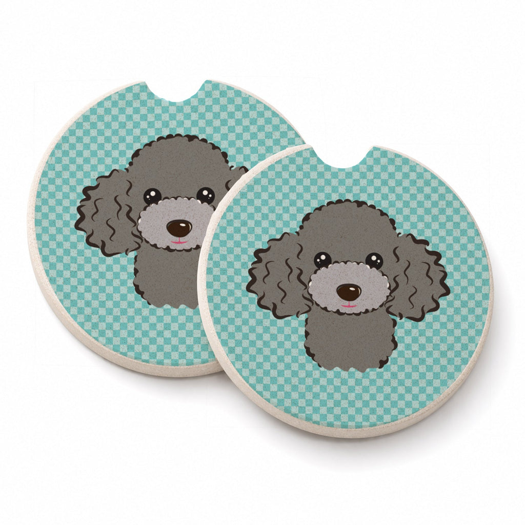 Checkerboard Blue Silver Gray Poodle Set of 2 Cup Holder Car Coasters Absorbent Round Sandstone Coasters Gifts for Men or Women, 2.5, Multicolor