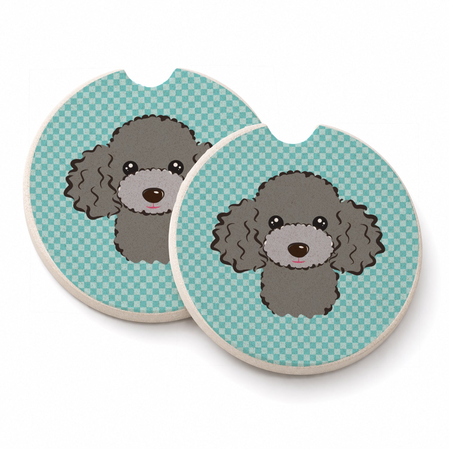 Checkerboard Blue Silver Gray Poodle Set of 2 Cup Holder Car Coasters Absorbent Round Sandstone Coasters Gifts for Men or Women, 2.5, Multicolor
