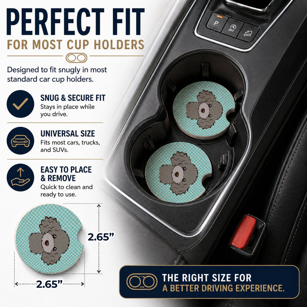 Checkerboard Blue Silver Gray Poodle Set of 2 Cup Holder Car Coasters Absorbent Round Sandstone Coasters Gifts for Men or Women, 2.5, Multicolor