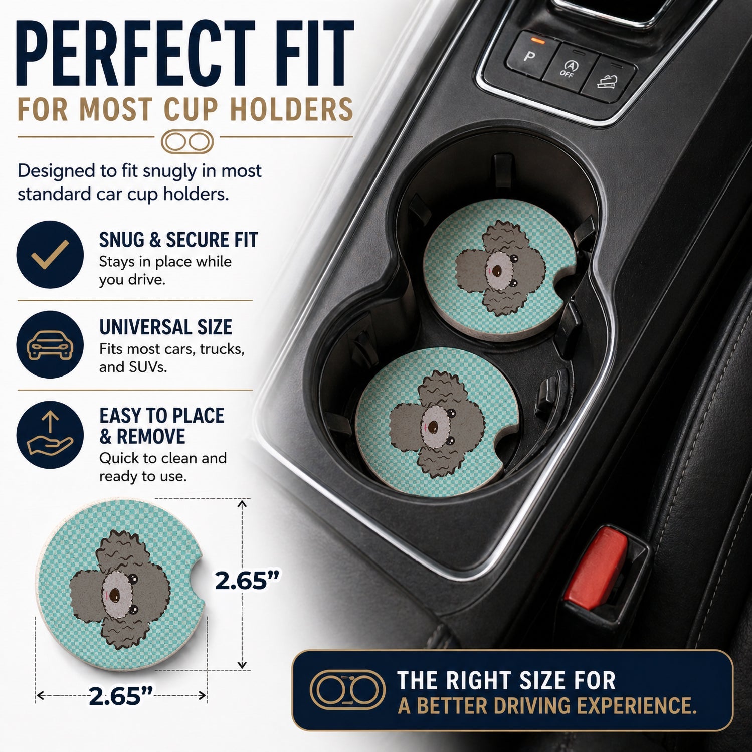 Checkerboard Blue Silver Gray Poodle Set of 2 Cup Holder Car Coasters Absorbent Round Sandstone Coasters Gifts for Men or Women, 2.5, Multicolor