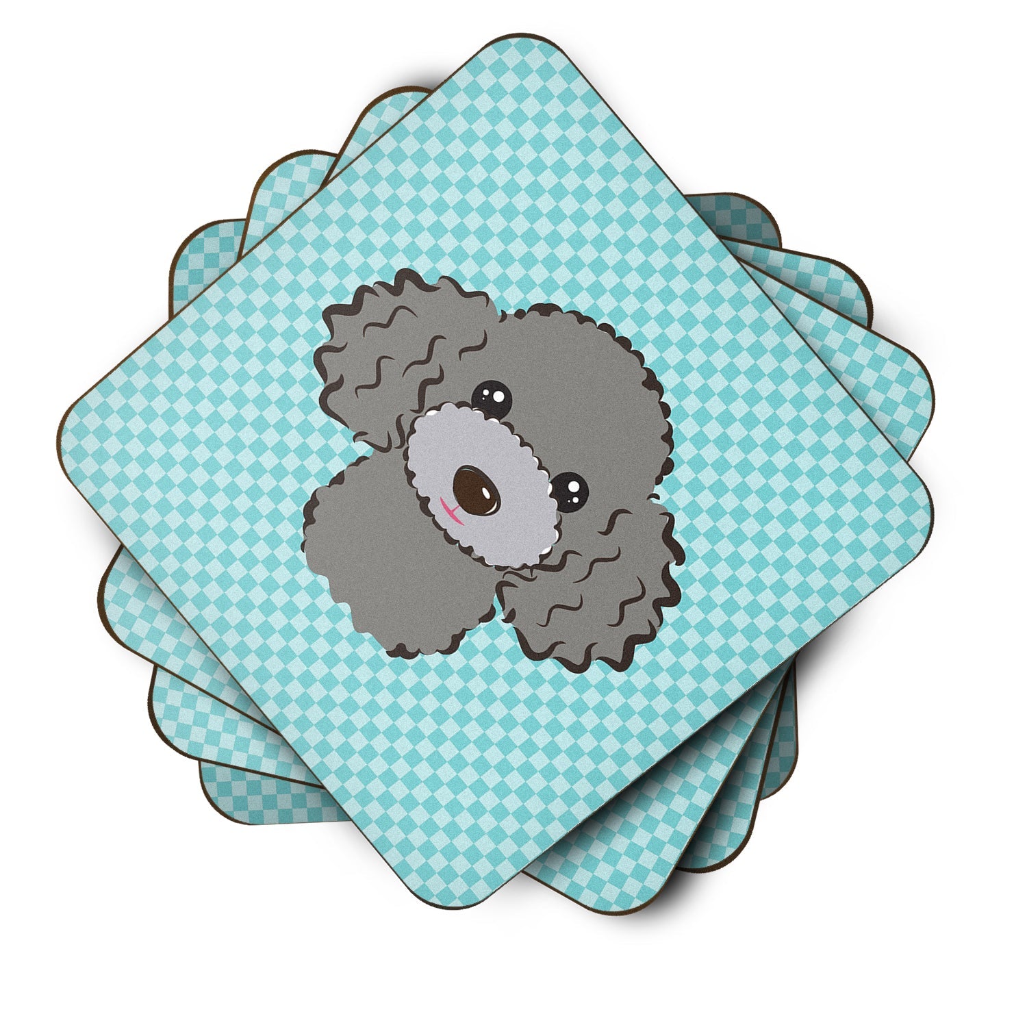 Checkerboard Blue Silver Gray Poodle Foam Coasters Set of 4 Cup Coasters for Indoor Outdoor, Tabletop Protection, Anti Slip, Mouse pad Material