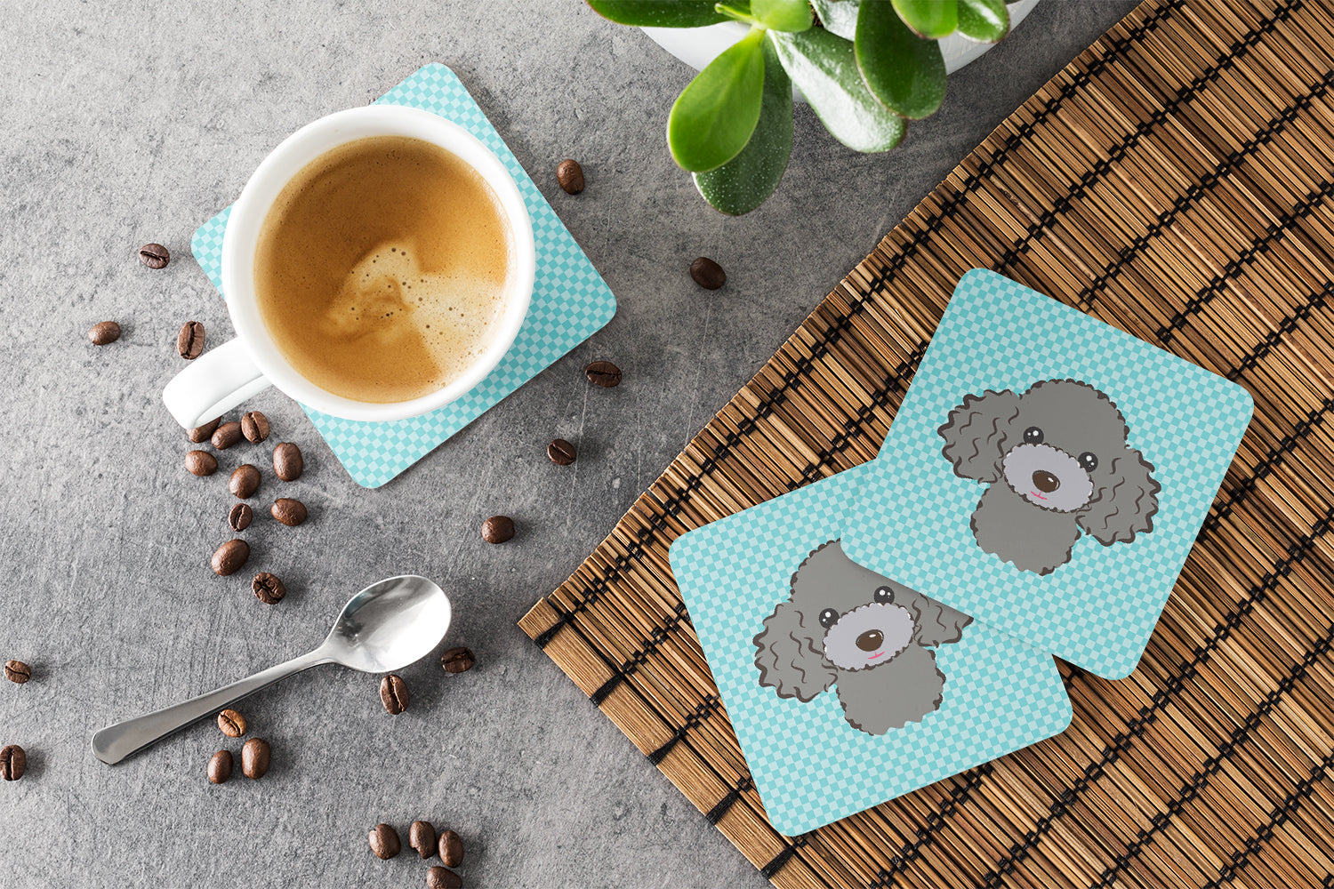 Checkerboard Blue Silver Gray Poodle Foam Coasters Set of 4 Cup Coasters for Indoor Outdoor, Tabletop Protection, Anti Slip, Mouse pad Material