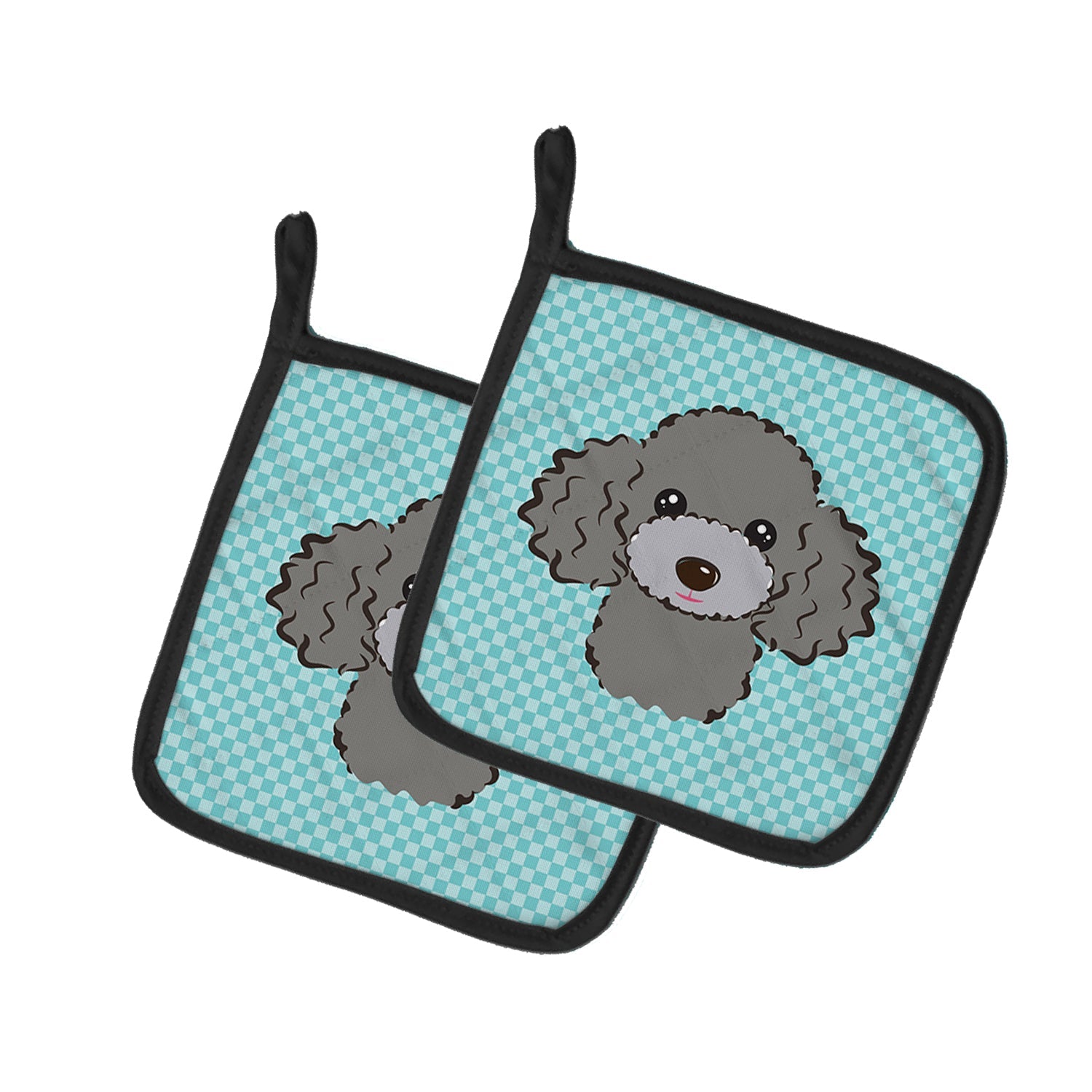 Checkerboard Blue Silver Gray Poodle Pot Holder Set of 2 Heat Resistant Quilted Hot Pads 7.5 x 7.5 Inch, Insulated Kitchen Trivets for Cooking & Baking