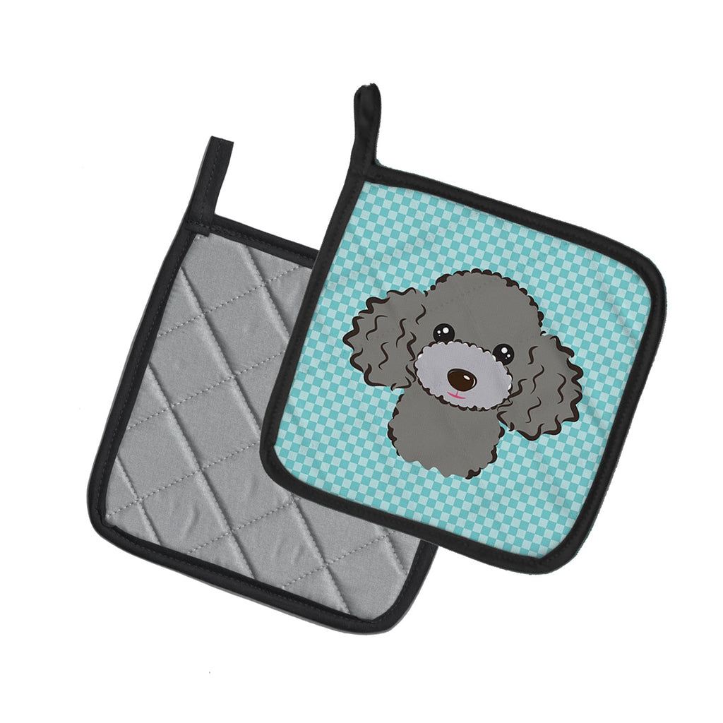 Checkerboard Blue Silver Gray Poodle Pot Holder Set of 2 Heat Resistant Quilted Hot Pads 7.5 x 7.5 Inch, Insulated Kitchen Trivets for Cooking & Baking