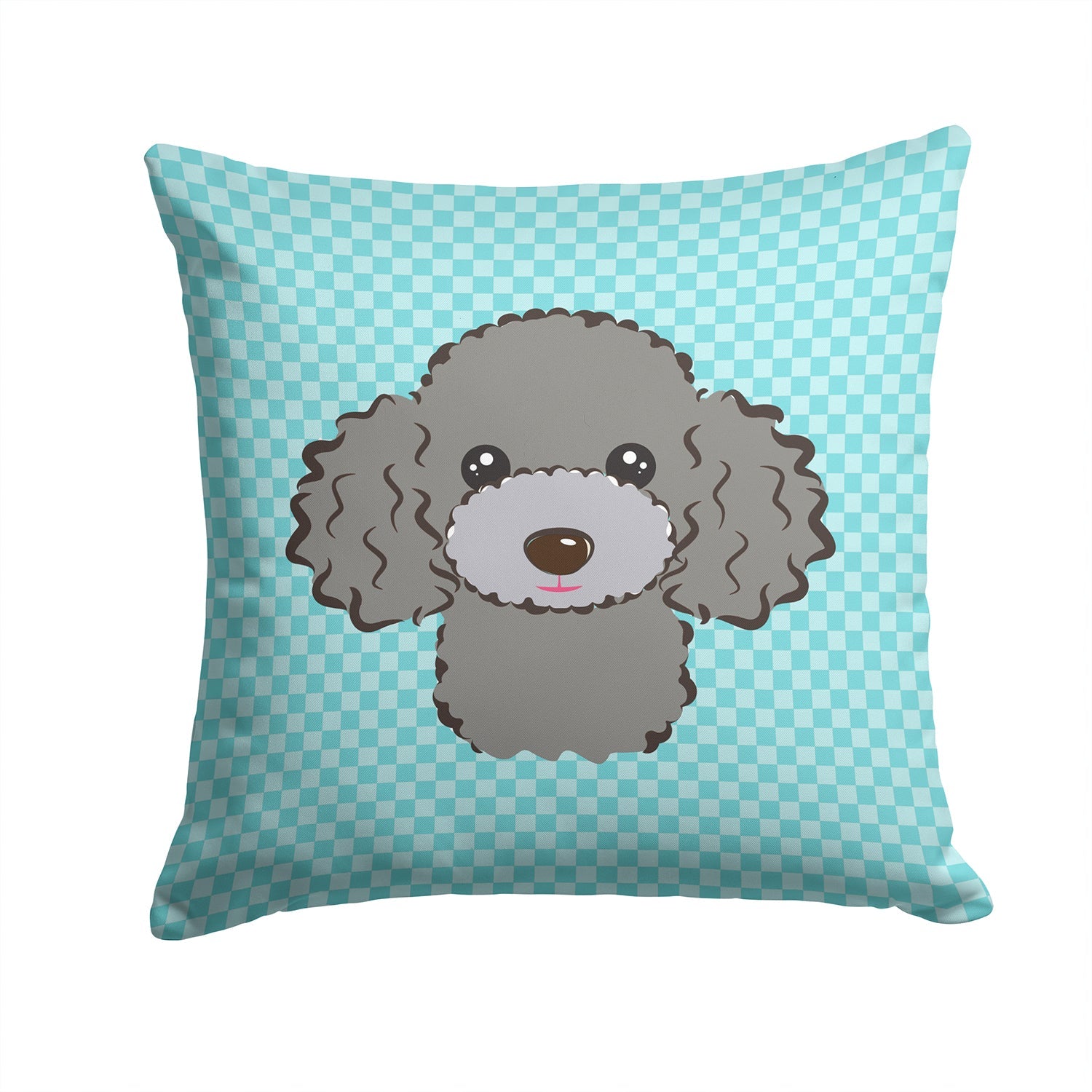 Checkerboard Blue Silver Gray Poodle Decorative Throw Pillow 14x14 Indoor Outdoor Accent Cushion, Fabric Cover with Insert for Sofa, Bed, Porch & Living Room