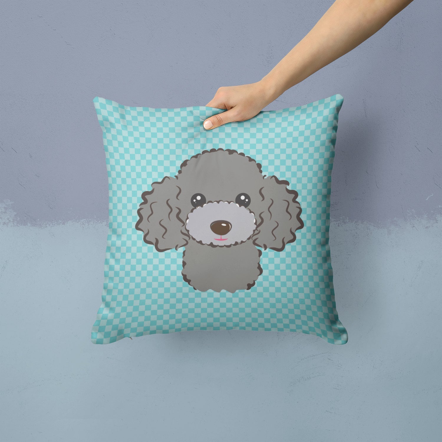 Checkerboard Blue Silver Gray Poodle Decorative Throw Pillow 14x14 Indoor Outdoor Accent Cushion, Fabric Cover with Insert for Sofa, Bed, Porch & Living Room