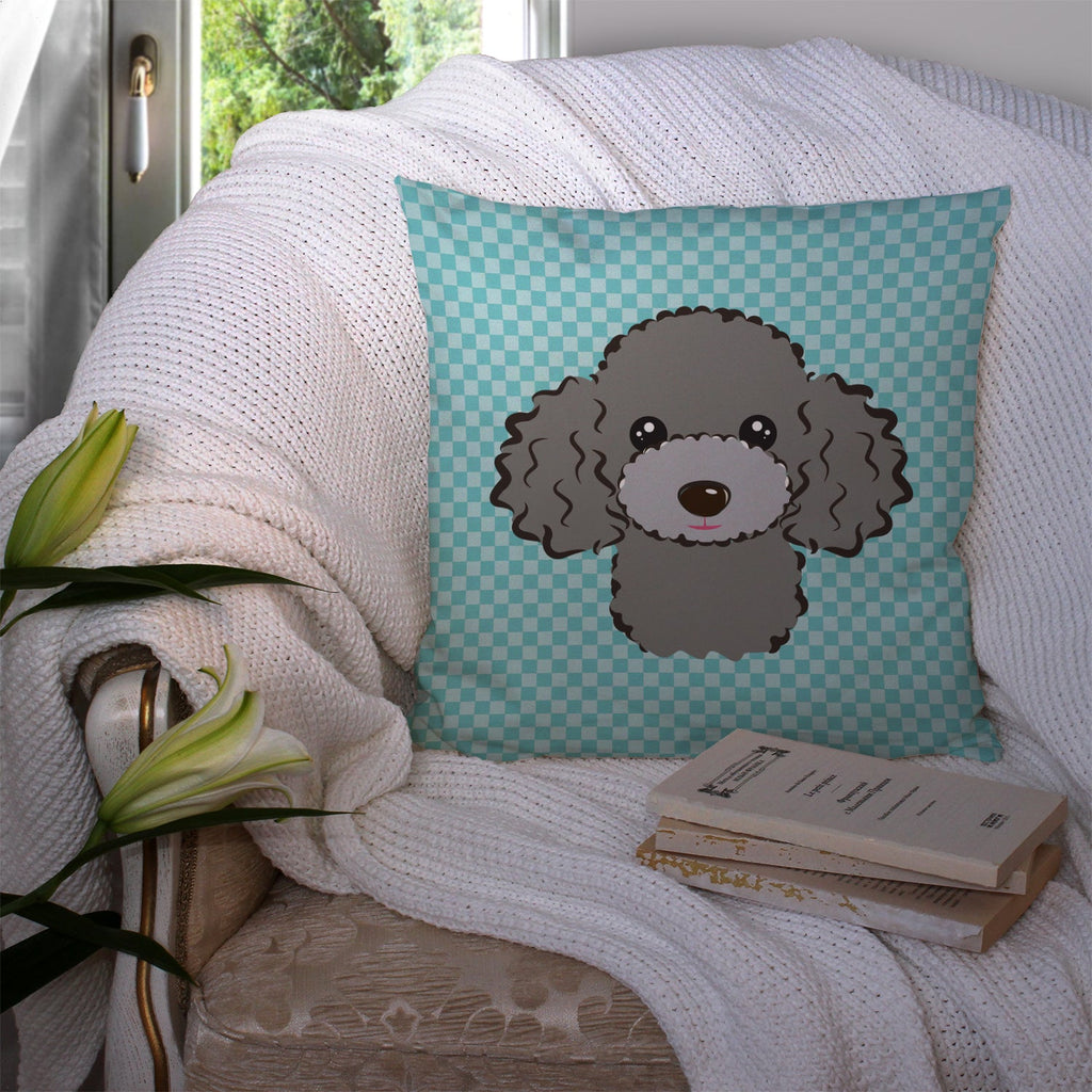 Checkerboard Blue Silver Gray Poodle Decorative Throw Pillow 14x14 Indoor Outdoor Accent Cushion, Fabric Cover with Insert for Sofa, Bed, Porch & Living Room