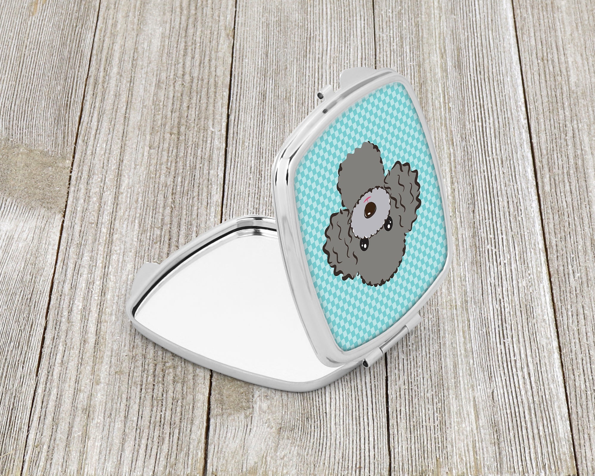 Checkerboard Blue Silver Gray Poodle Compact Mirror Decorative Travel Makeup Mirror for Women Girls Gifts Pocket Makeup Mirror Folding Handheld