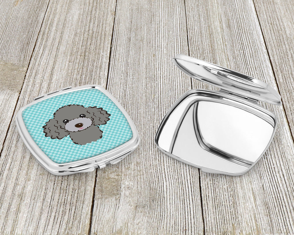 Checkerboard Blue Silver Gray Poodle Compact Mirror Decorative Travel Makeup Mirror for Women Girls Gifts Pocket Makeup Mirror Folding Handheld