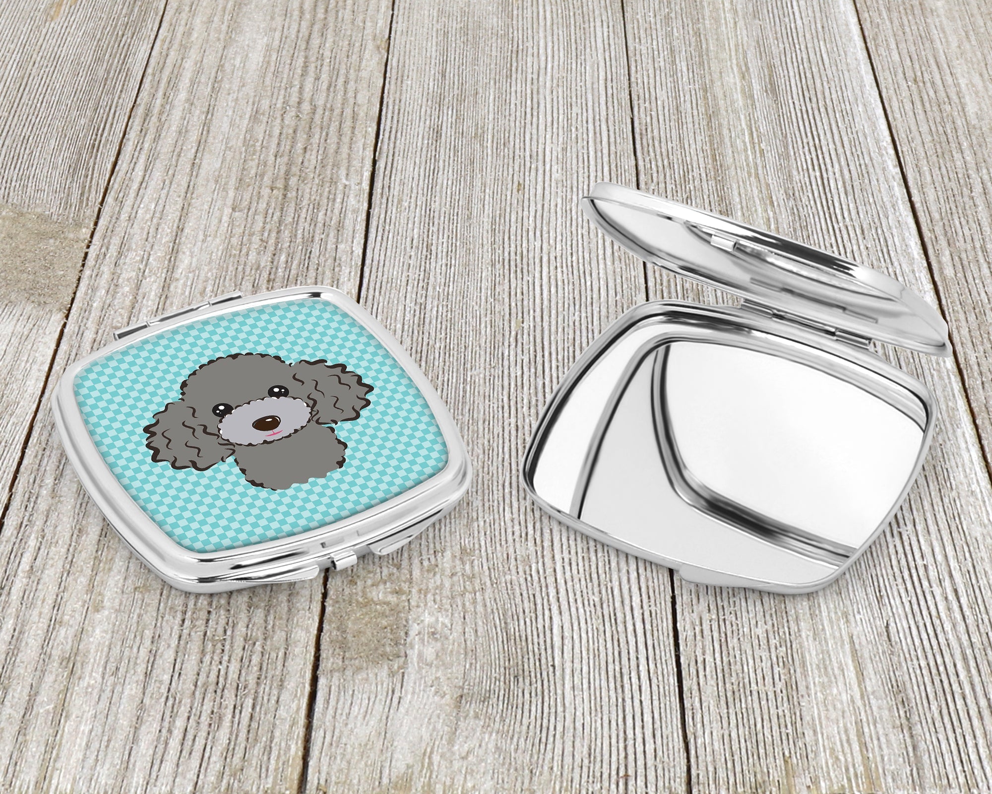 Checkerboard Blue Silver Gray Poodle Compact Mirror Decorative Travel Makeup Mirror for Women Girls Gifts Pocket Makeup Mirror Folding Handheld