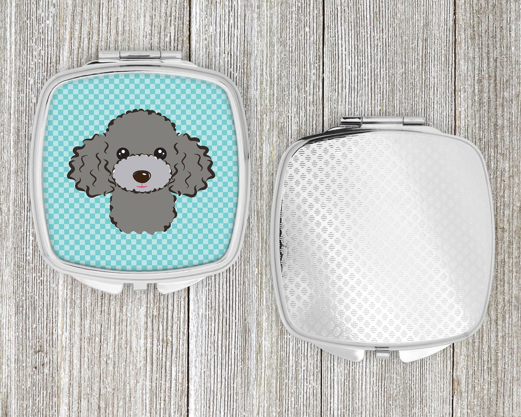 Checkerboard Blue Silver Gray Poodle Compact Mirror Decorative Travel Makeup Mirror for Women Girls Gifts Pocket Makeup Mirror Folding Handheld
