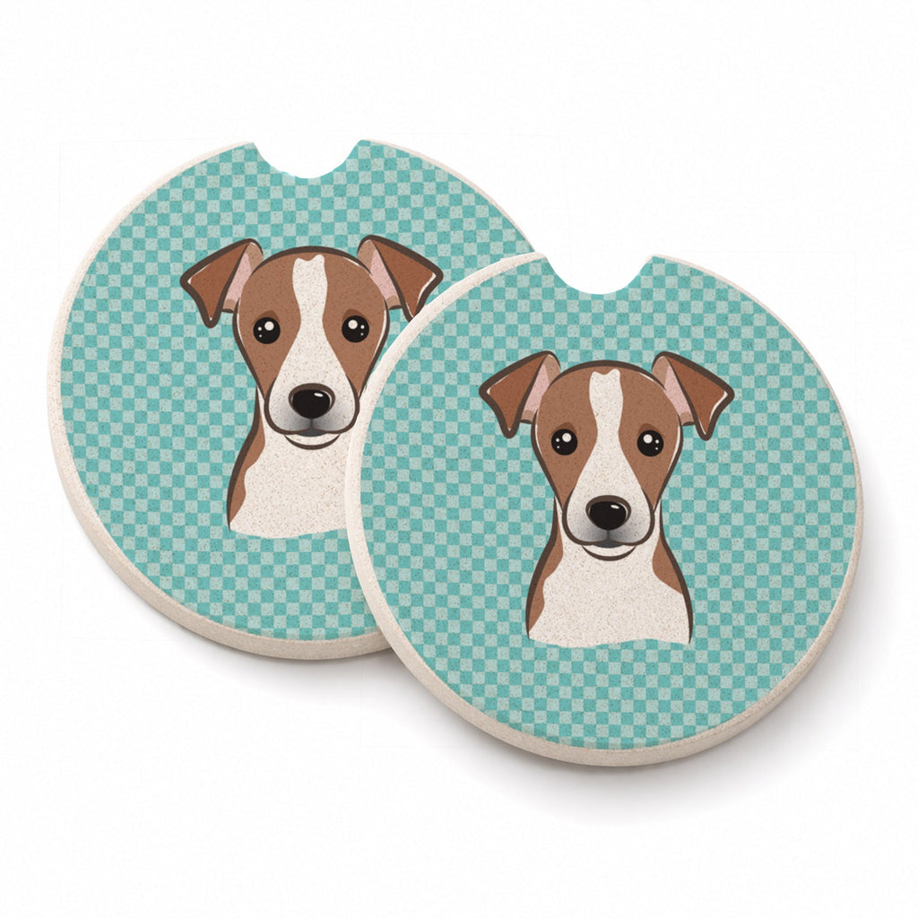 Checkerboard Blue Jack Russell Terrier Set of 2 Cup Holder Car Coasters Absorbent Round Sandstone Coasters Gifts for Men or Women, 2.5, Multicolor