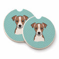 Checkerboard Blue Jack Russell Terrier Set of 2 Cup Holder Car Coasters Absorbent Round Sandstone Coasters Gifts for Men or Women, 2.5, Multicolor