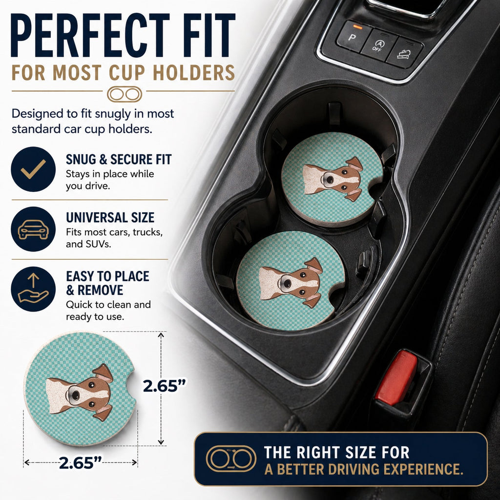 Checkerboard Blue Jack Russell Terrier Set of 2 Cup Holder Car Coasters Absorbent Round Sandstone Coasters Gifts for Men or Women, 2.5, Multicolor