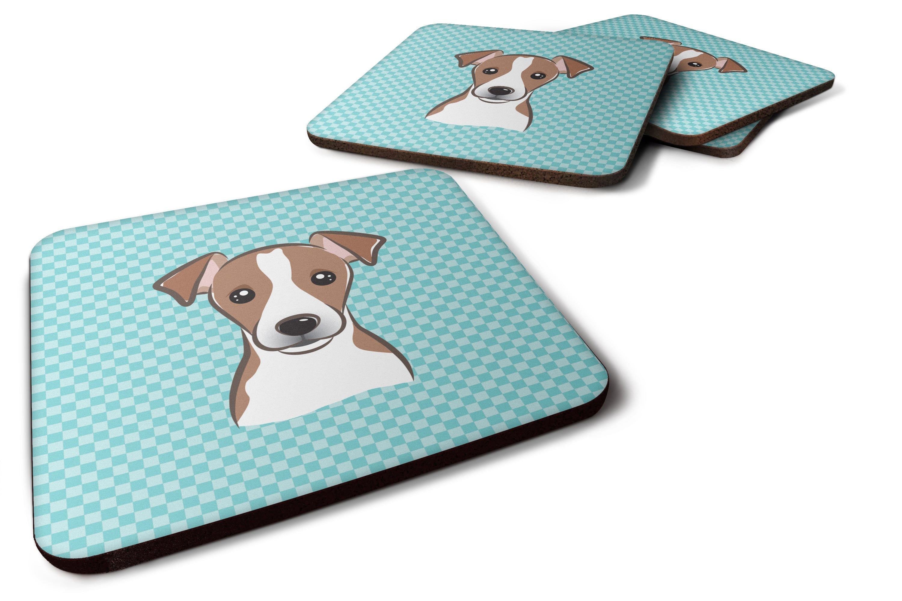Checkerboard Blue Jack Russell Terrier Foam Coasters Set of 4 Cup Coasters for Indoor Outdoor, Tabletop Protection, Anti Slip, Mouse pad Material