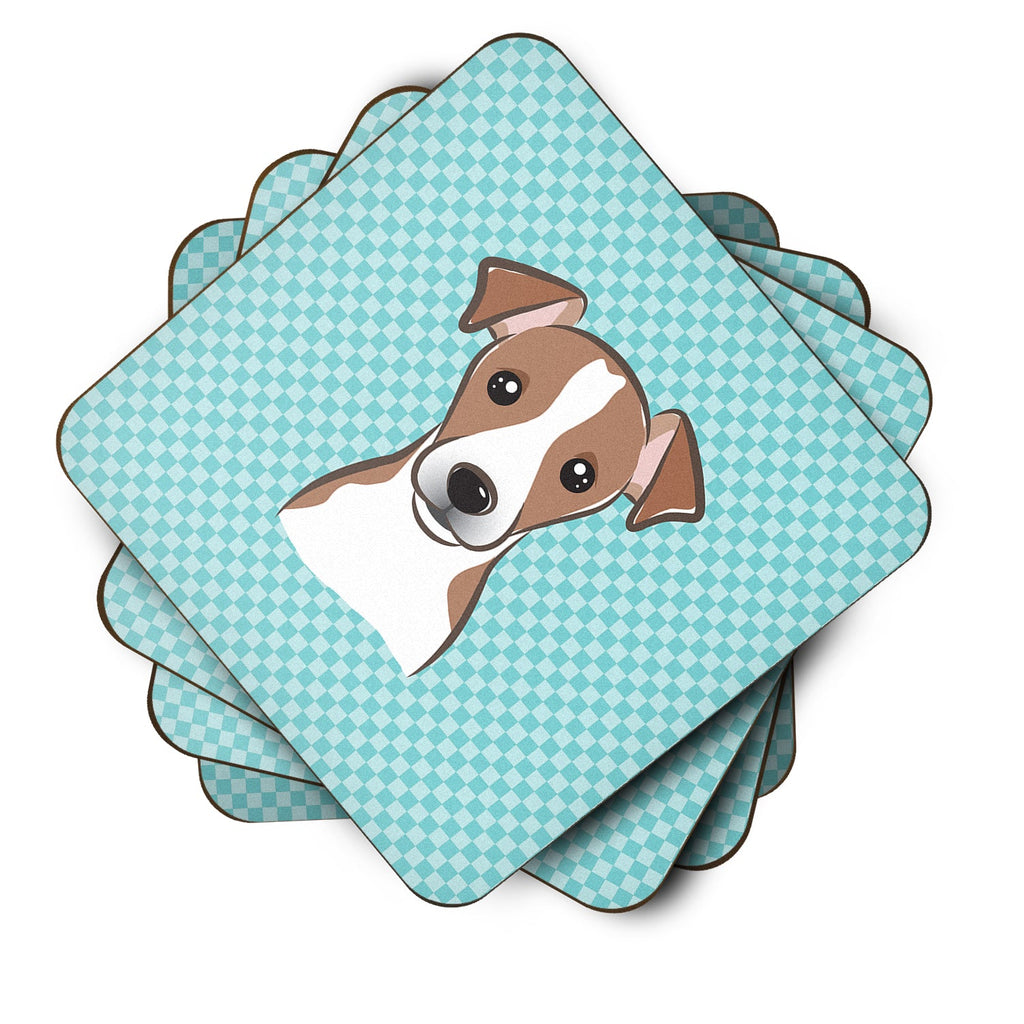 Checkerboard Blue Jack Russell Terrier Foam Coasters Set of 4 Cup Coasters for Indoor Outdoor, Tabletop Protection, Anti Slip, Mouse pad Material