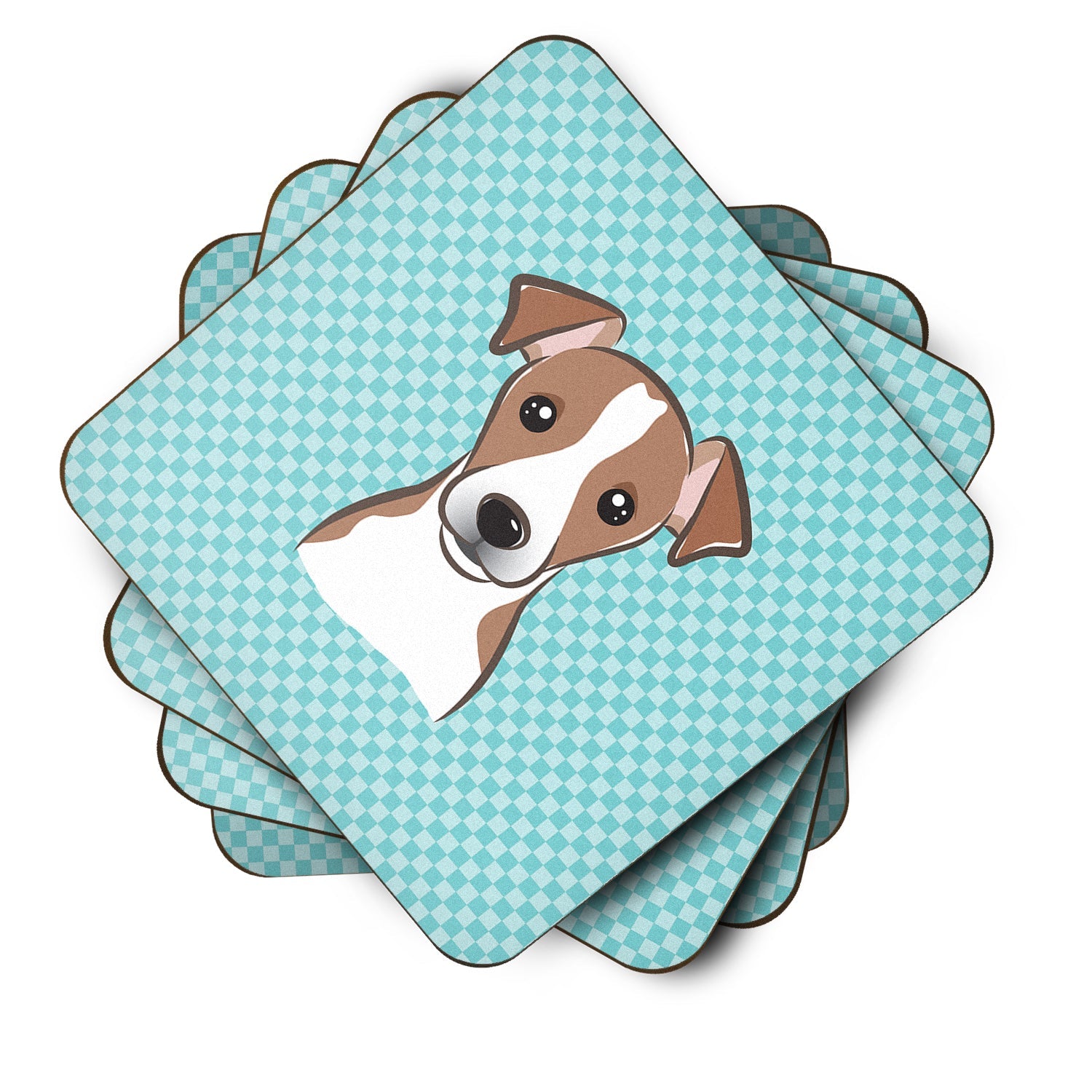 Checkerboard Blue Jack Russell Terrier Foam Coasters Set of 4 Cup Coasters for Indoor Outdoor, Tabletop Protection, Anti Slip, Mouse pad Material