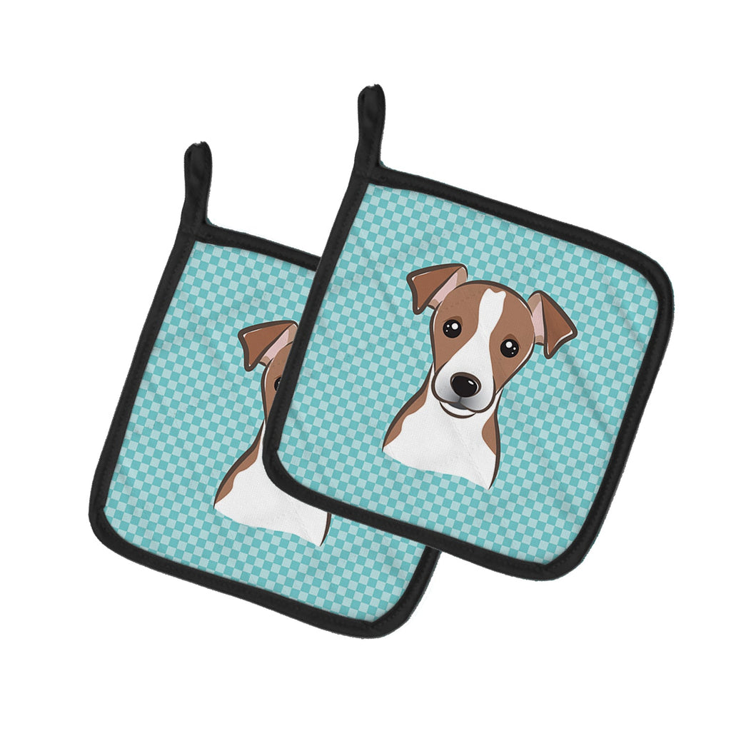 Checkerboard Blue Jack Russell Terrier Pot Holder Set of 2 Heat Resistant Quilted Hot Pads 7.5 x 7.5 Inch, Insulated Kitchen Trivets for Cooking & Baking