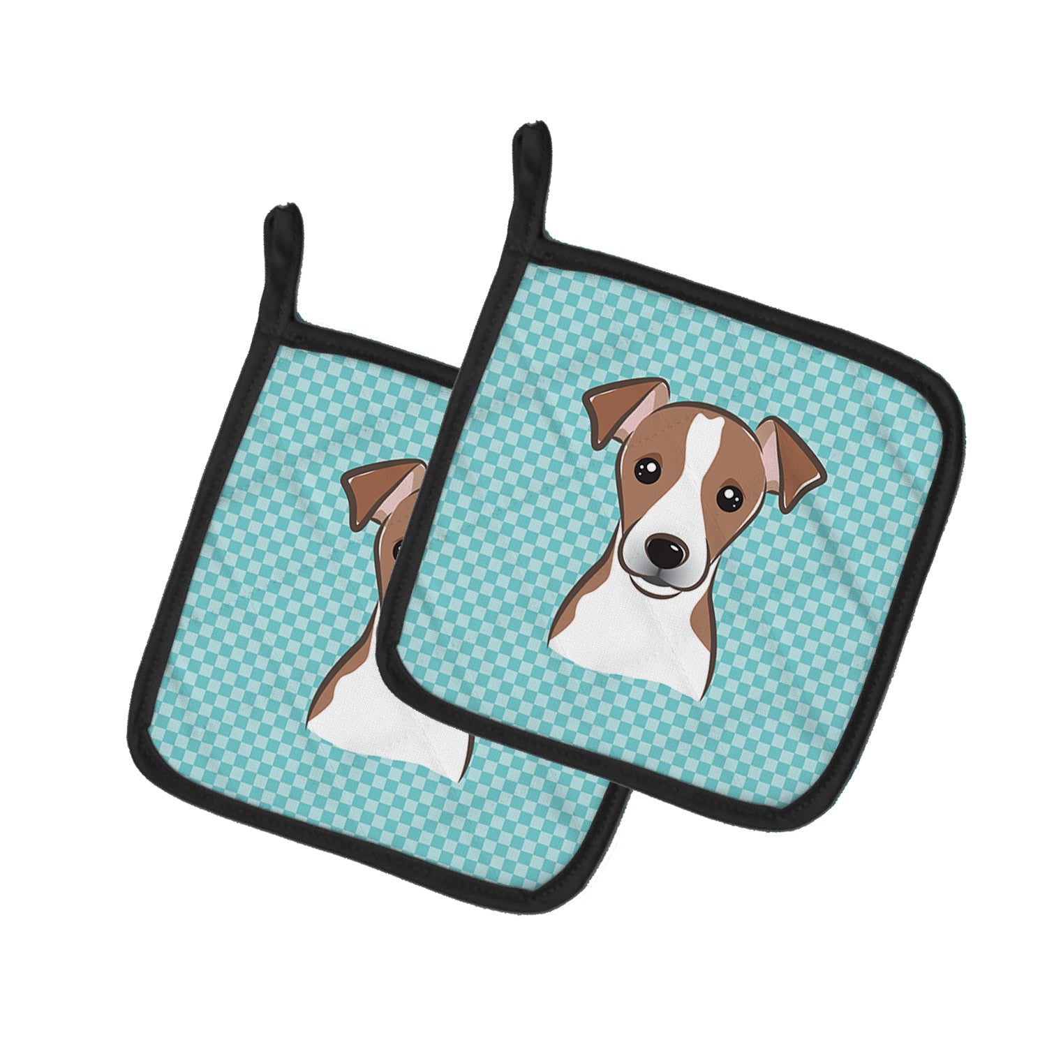 Checkerboard Blue Jack Russell Terrier Pot Holder Set of 2 Heat Resistant Quilted Hot Pads 7.5 x 7.5 Inch, Insulated Kitchen Trivets for Cooking & Baking