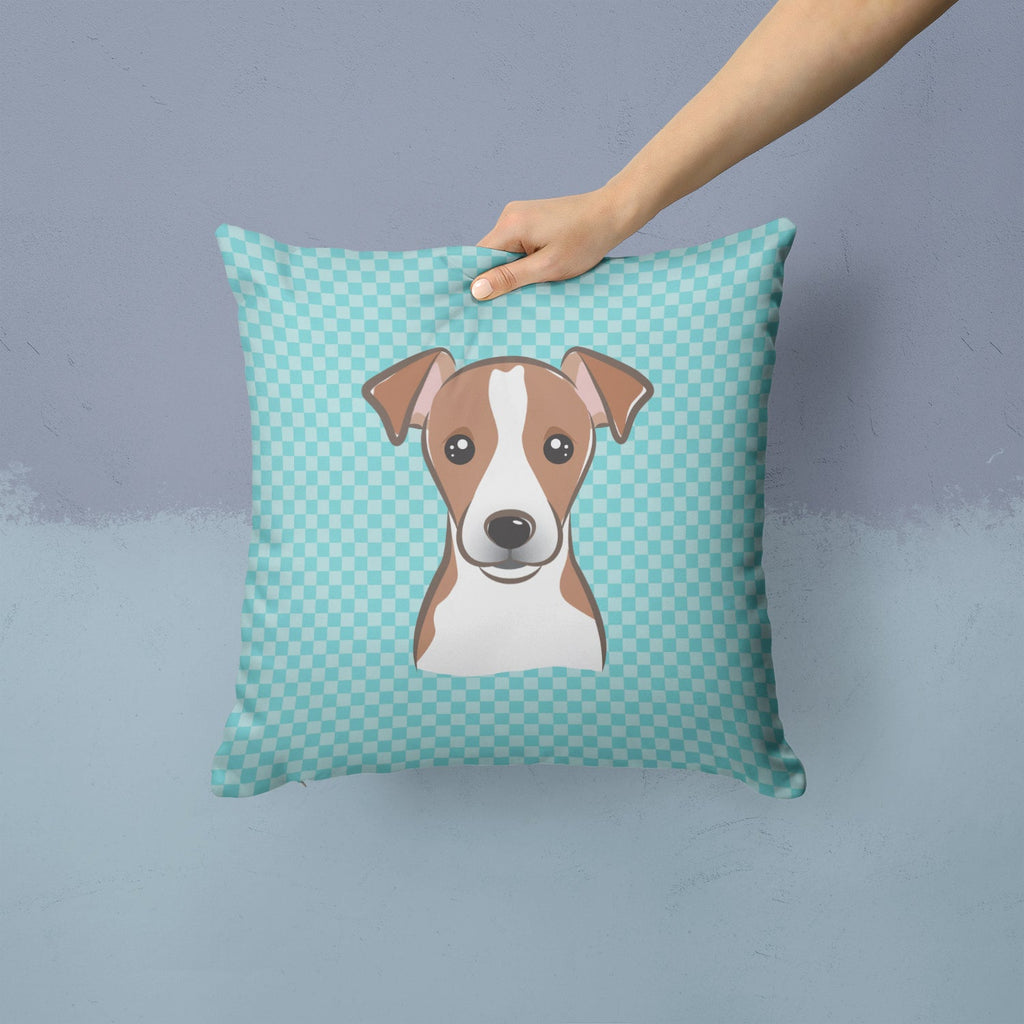 Checkerboard Blue Jack Russell Terrier Decorative Throw Pillow 14x14 Indoor Outdoor Accent Cushion, Fabric Cover with Insert for Sofa, Bed, Porch & Living Room