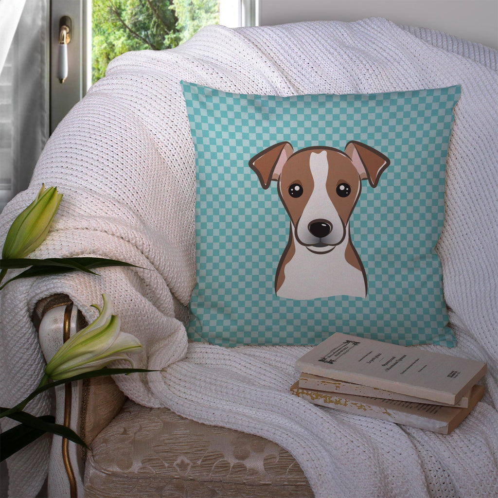 Checkerboard Blue Jack Russell Terrier Decorative Throw Pillow 14x14 Indoor Outdoor Accent Cushion, Fabric Cover with Insert for Sofa, Bed, Porch & Living Room