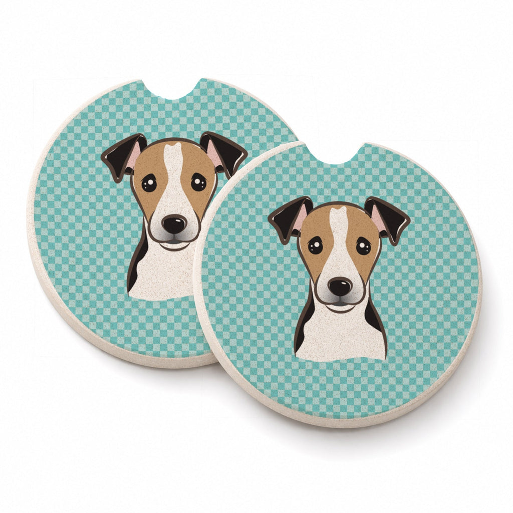 Checkerboard Blue Jack Russell Terrier Set of 2 Cup Holder Car Coasters Absorbent Round Sandstone Coasters Gifts for Men or Women, 2.5, Multicolor