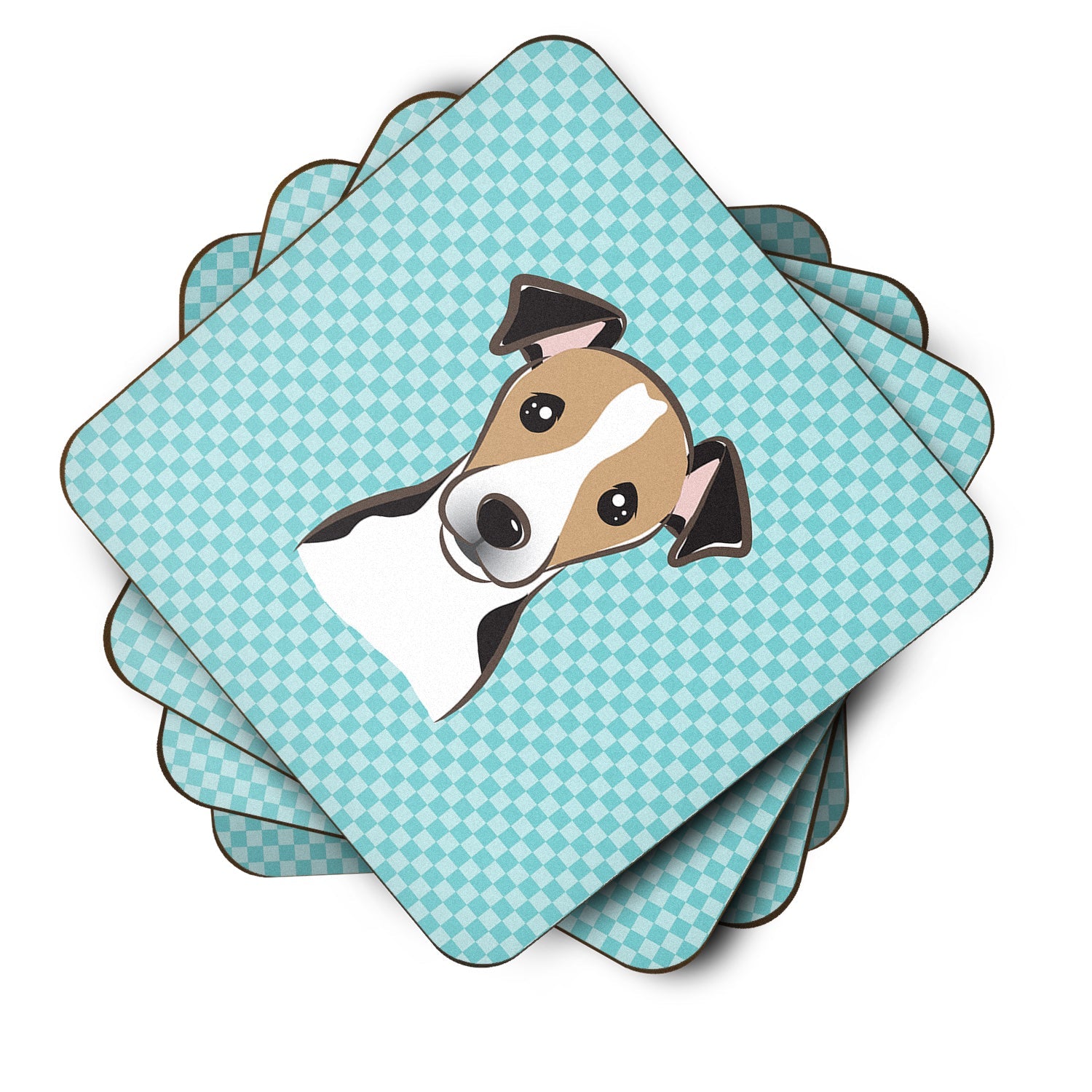 Checkerboard Blue Jack Russell Terrier Foam Coasters Set of 4 Cup Coasters for Indoor Outdoor, Tabletop Protection, Anti Slip, Mouse pad Material