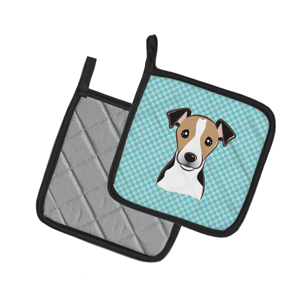 Checkerboard Blue Jack Russell Terrier Pot Holder Set of 2 Heat Resistant Quilted Hot Pads 7.5 x 7.5 Inch, Insulated Kitchen Trivets for Cooking & Baking