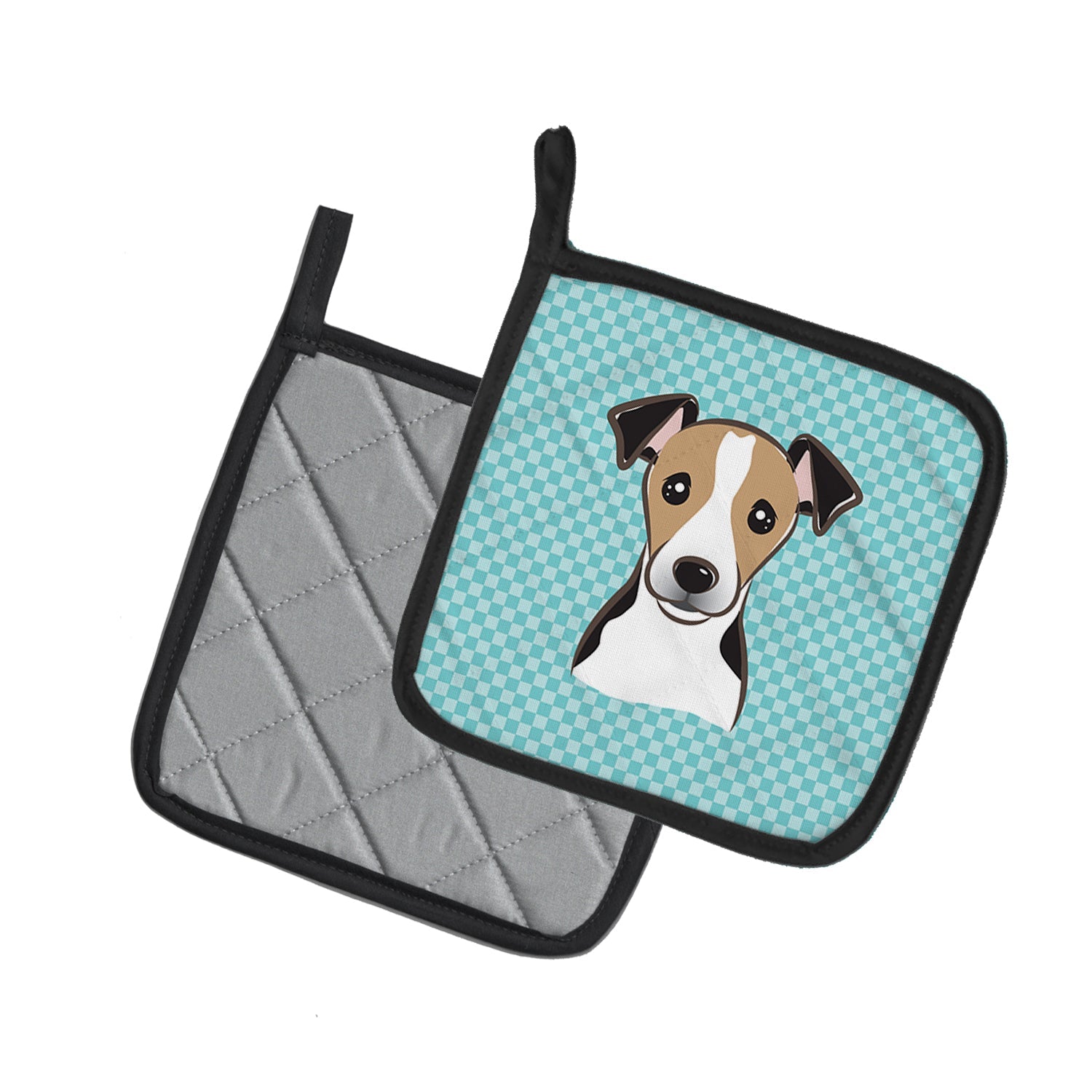 Checkerboard Blue Jack Russell Terrier Pot Holder Set of 2 Heat Resistant Quilted Hot Pads 7.5 x 7.5 Inch, Insulated Kitchen Trivets for Cooking & Baking