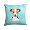 Checkerboard Blue Jack Russell Terrier Decorative Throw Pillow 14x14 Indoor Outdoor Accent Cushion, Fabric Cover with Insert for Sofa, Bed, Porch & Living Room