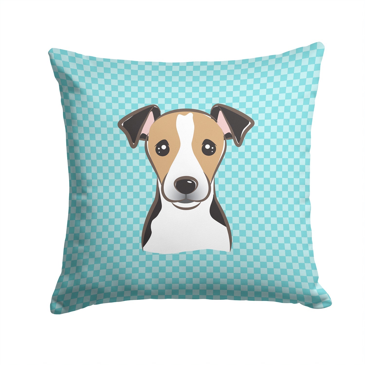 Checkerboard Blue Jack Russell Terrier Decorative Throw Pillow 14x14 Indoor Outdoor Accent Cushion, Fabric Cover with Insert for Sofa, Bed, Porch & Living Room