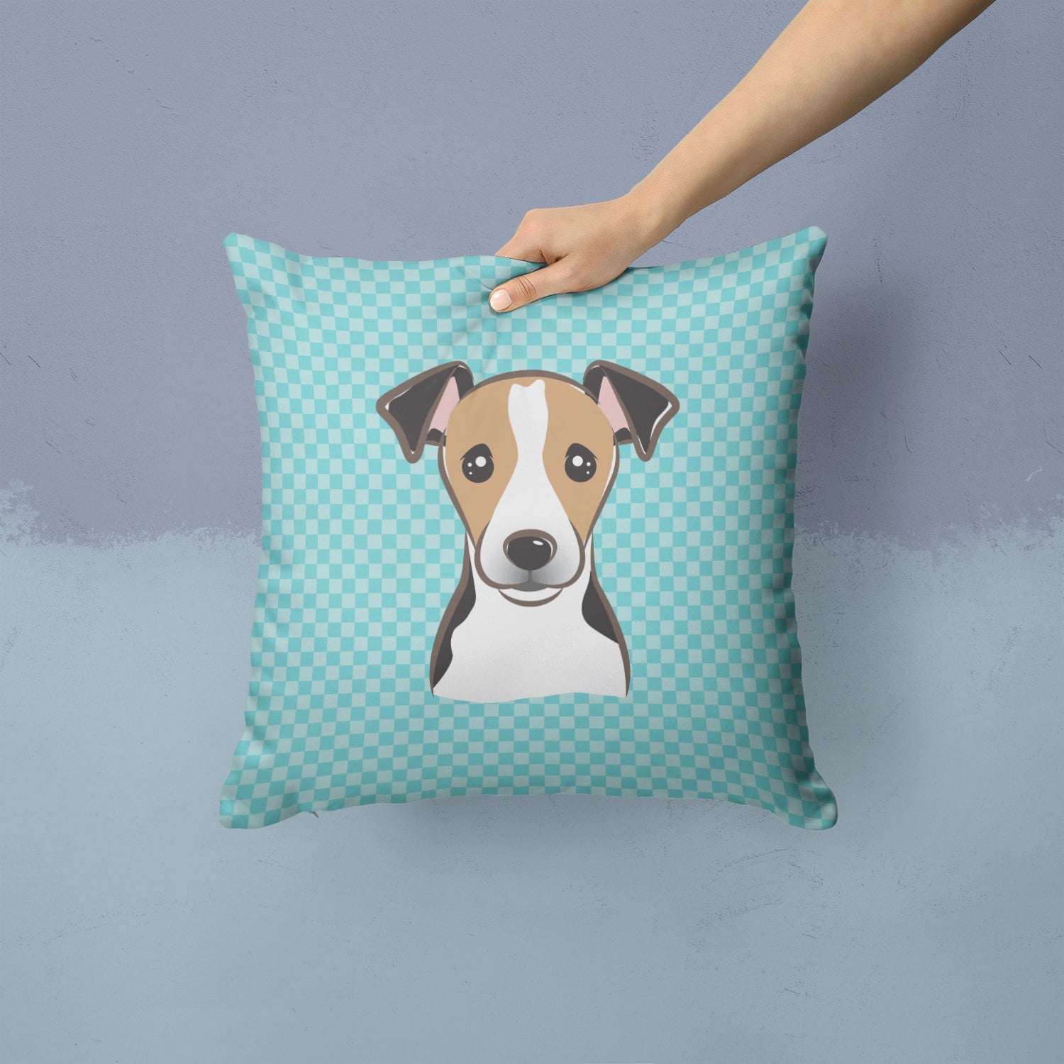 Checkerboard Blue Jack Russell Terrier Decorative Throw Pillow 14x14 Indoor Outdoor Accent Cushion, Fabric Cover with Insert for Sofa, Bed, Porch & Living Room