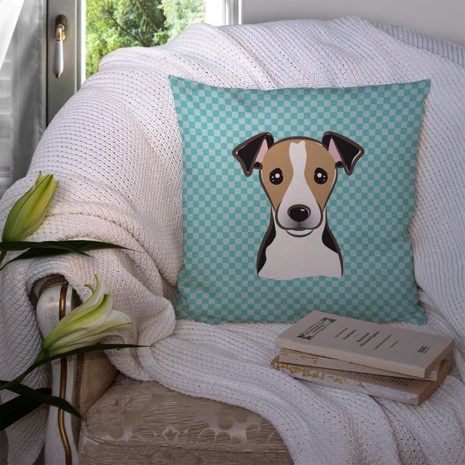 Checkerboard Blue Jack Russell Terrier Decorative Throw Pillow 14x14 Indoor Outdoor Accent Cushion, Fabric Cover with Insert for Sofa, Bed, Porch & Living Room