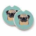 Checkerboard Blue Fawn Pug Set of 2 Cup Holder Car Coasters Absorbent Round Sandstone Coasters Gifts for Men or Women, 2.5, Multicolor