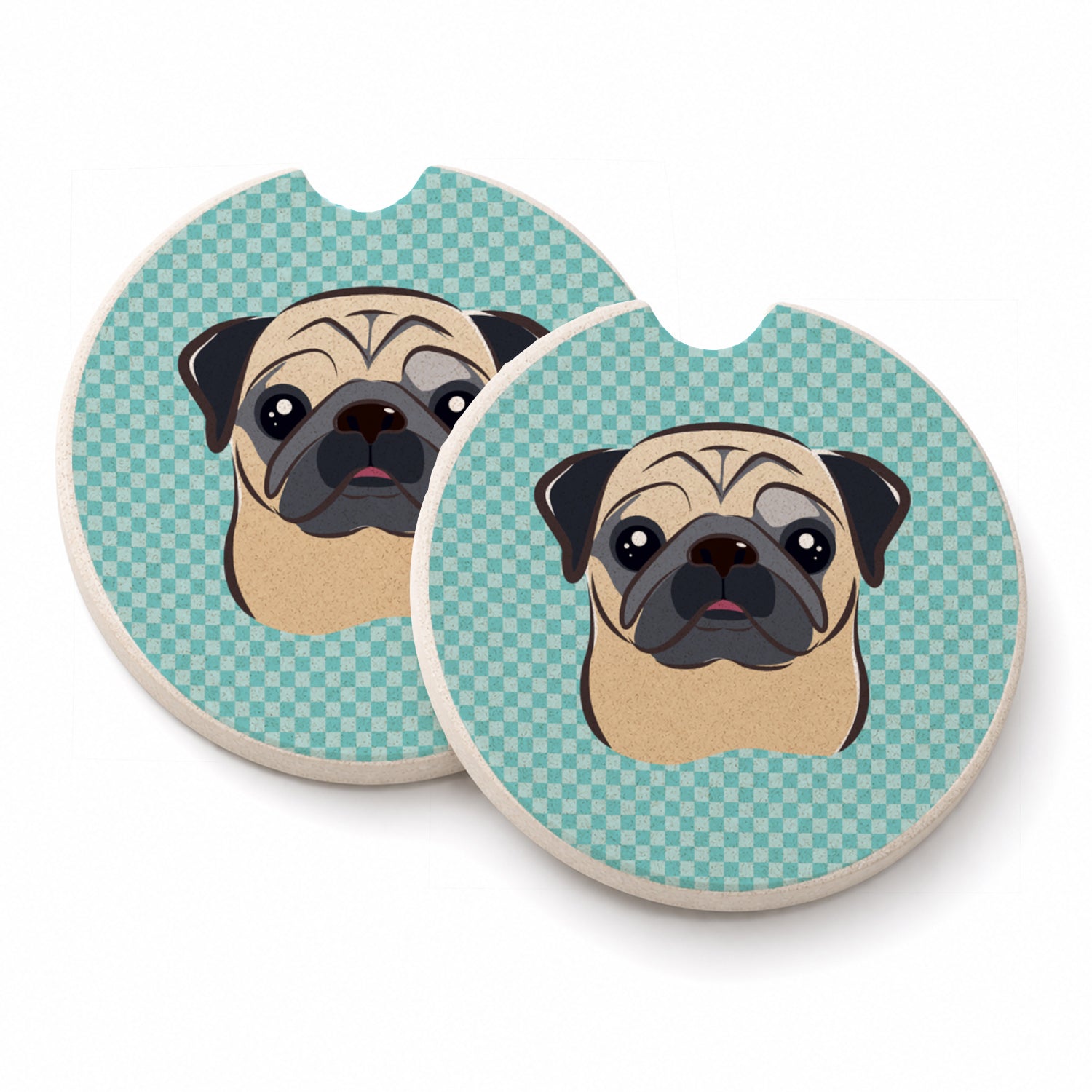 Checkerboard Blue Fawn Pug Set of 2 Cup Holder Car Coasters Absorbent Round Sandstone Coasters Gifts for Men or Women, 2.5, Multicolor