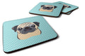 Checkerboard Blue Fawn Pug Foam Coasters Set of 4 Cup Coasters for Indoor Outdoor, Tabletop Protection, Anti Slip, Mouse pad Material
