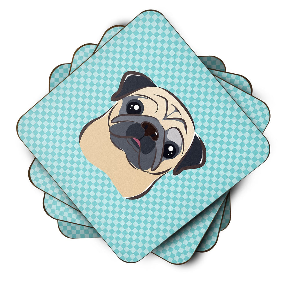 Checkerboard Blue Fawn Pug Foam Coasters Set of 4 Cup Coasters for Indoor Outdoor, Tabletop Protection, Anti Slip, Mouse pad Material