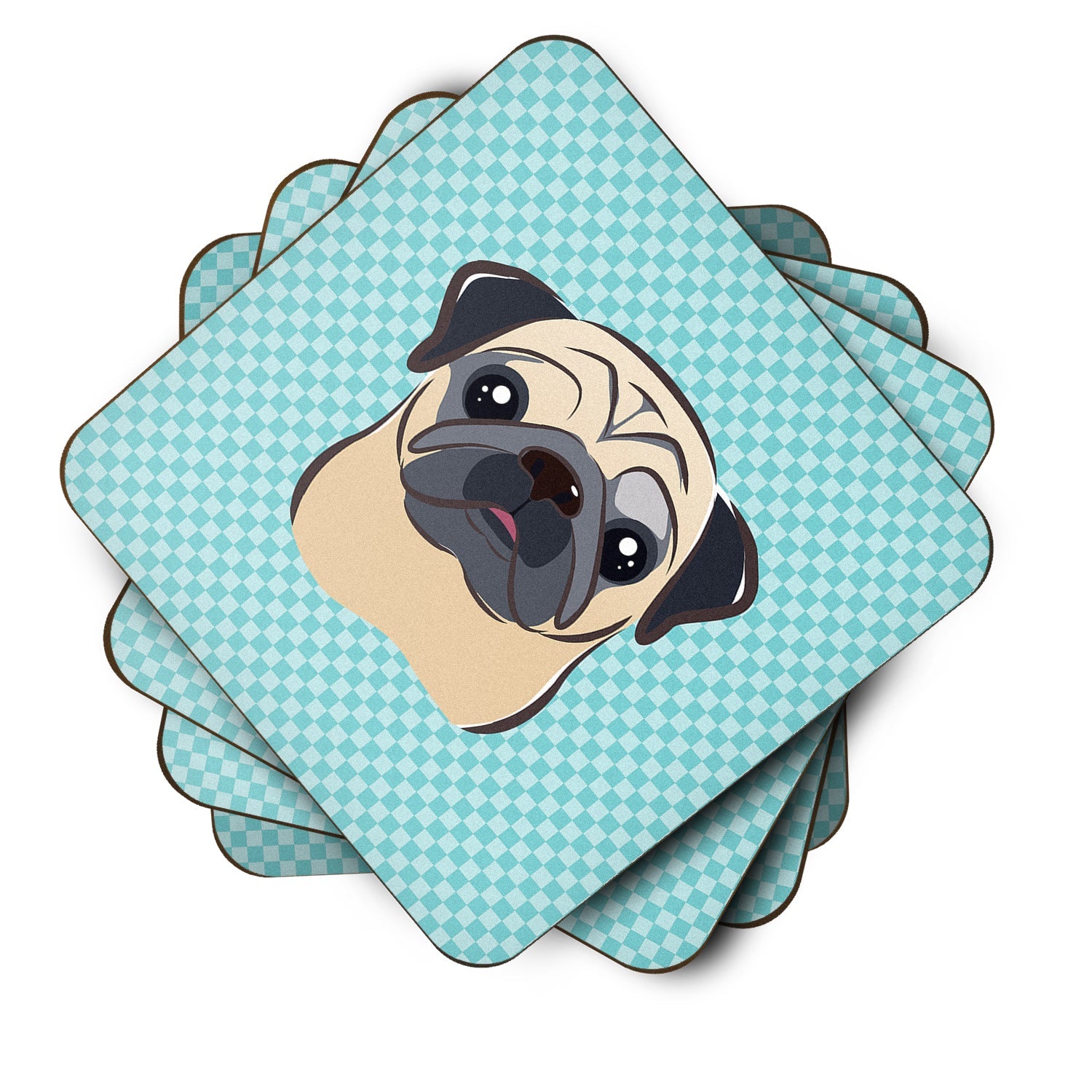 Checkerboard Blue Fawn Pug Foam Coasters Set of 4 Cup Coasters for Indoor Outdoor, Tabletop Protection, Anti Slip, Mouse pad Material