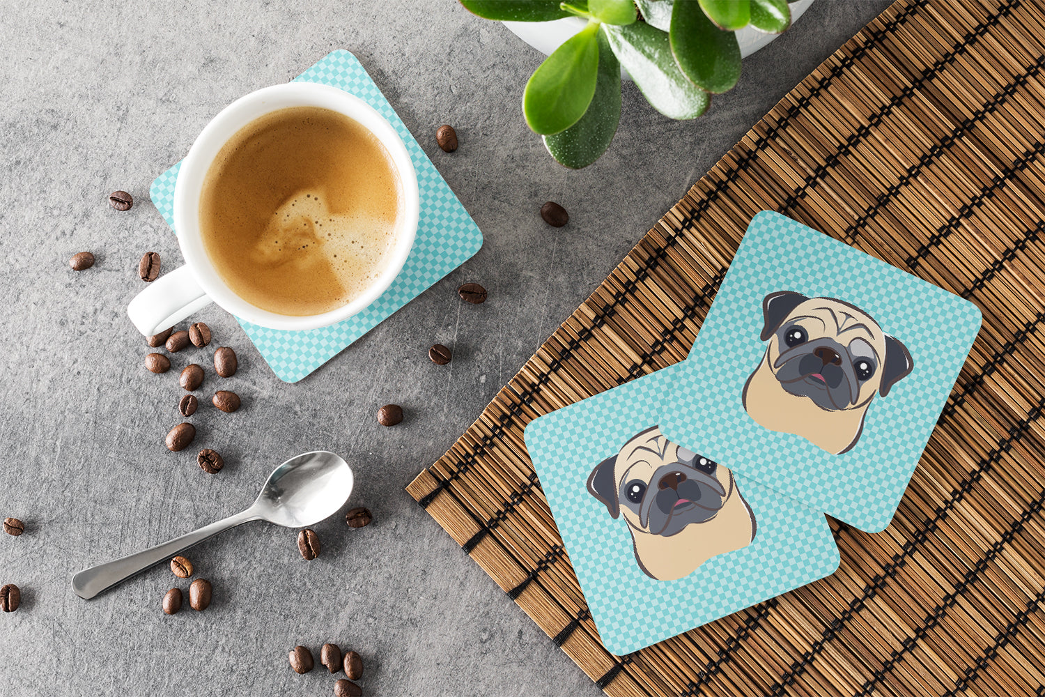 Checkerboard Blue Fawn Pug Foam Coasters Set of 4 Cup Coasters for Indoor Outdoor, Tabletop Protection, Anti Slip, Mouse pad Material