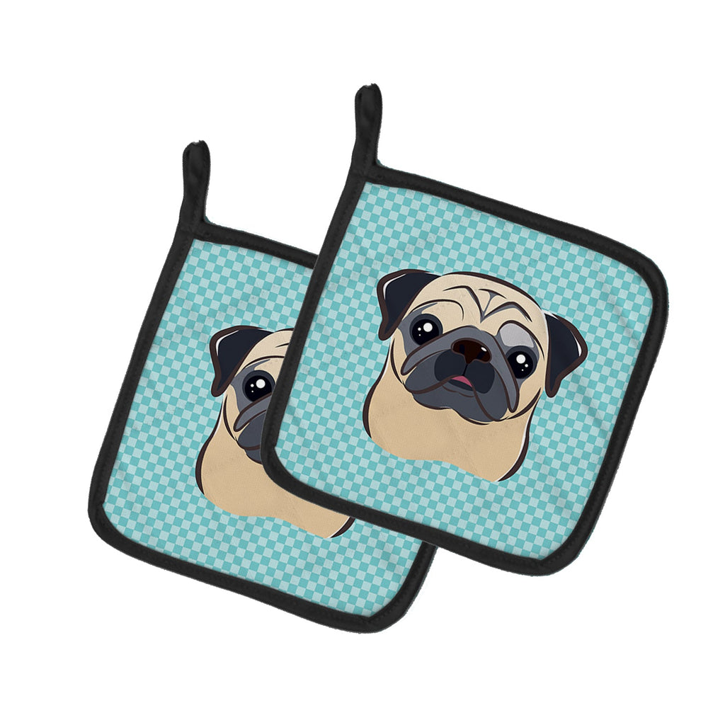 Checkerboard Blue Fawn Pug Pot Holder Set of 2 Heat Resistant Quilted Hot Pads 7.5 x 7.5 Inch, Insulated Kitchen Trivets for Cooking & Baking