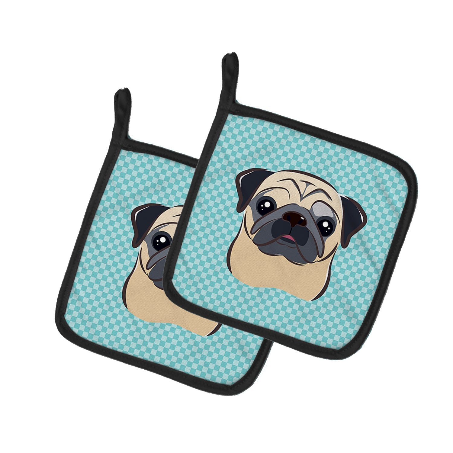 Checkerboard Blue Fawn Pug Pot Holder Set of 2 Heat Resistant Quilted Hot Pads 7.5 x 7.5 Inch, Insulated Kitchen Trivets for Cooking & Baking