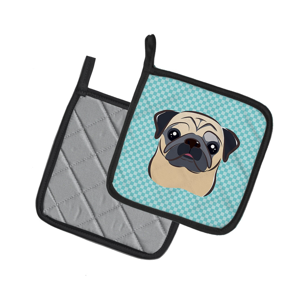 Checkerboard Blue Fawn Pug Pot Holder Set of 2 Heat Resistant Quilted Hot Pads 7.5 x 7.5 Inch, Insulated Kitchen Trivets for Cooking & Baking