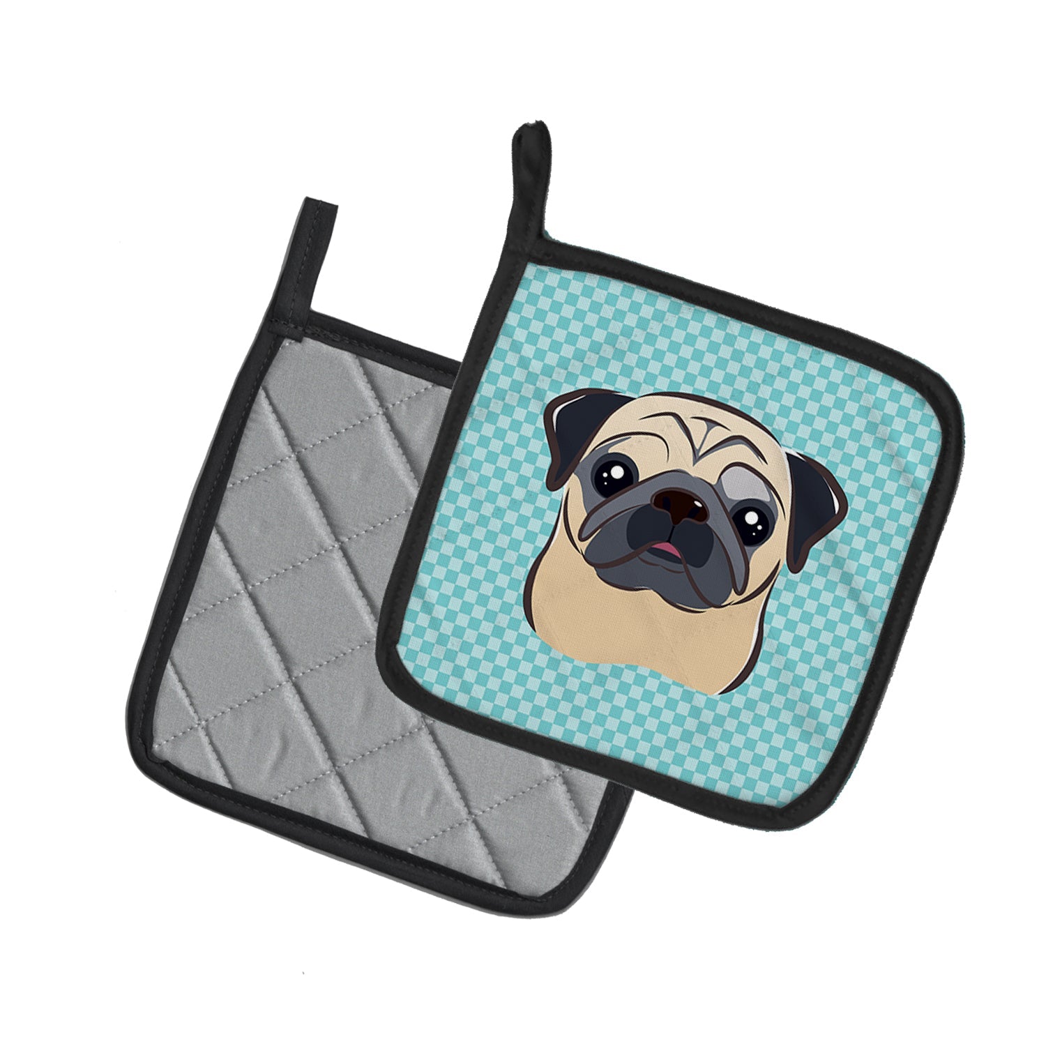 Checkerboard Blue Fawn Pug Pot Holder Set of 2 Heat Resistant Quilted Hot Pads 7.5 x 7.5 Inch, Insulated Kitchen Trivets for Cooking & Baking