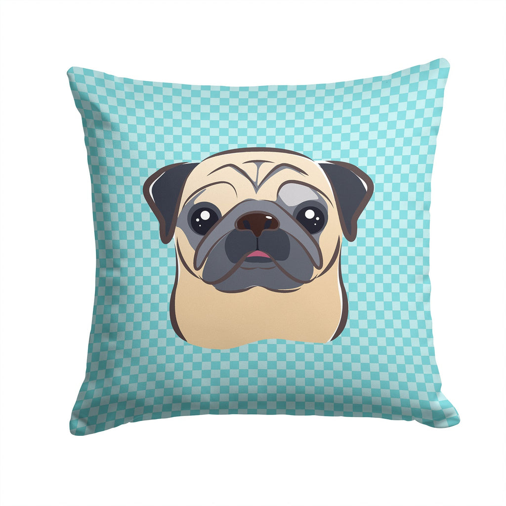 Checkerboard Blue Fawn Pug Decorative Throw Pillow 14x14 Indoor Outdoor Accent Cushion, Fabric Cover with Insert for Sofa, Bed, Porch & Living Room