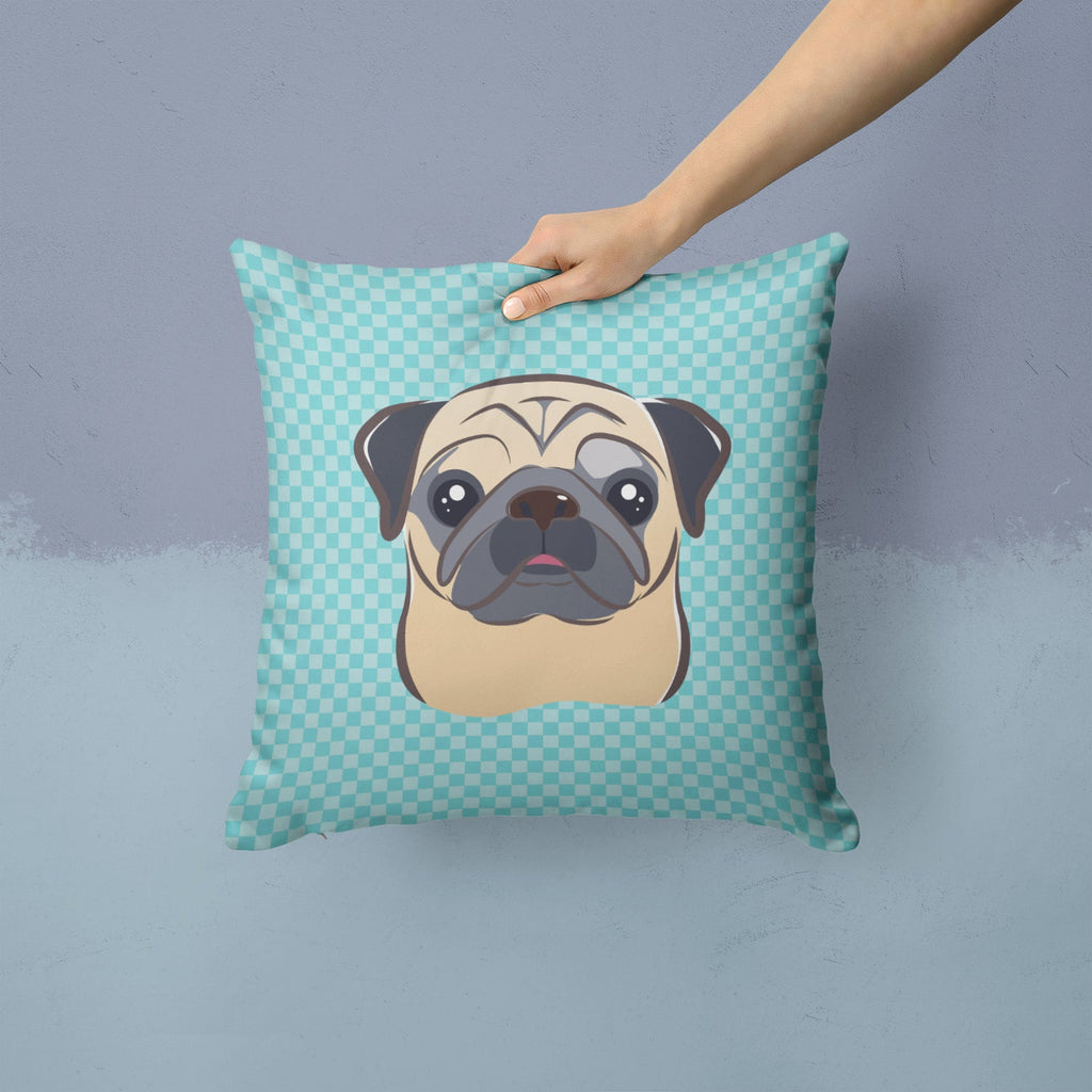 Checkerboard Blue Fawn Pug Decorative Throw Pillow 14x14 Indoor Outdoor Accent Cushion, Fabric Cover with Insert for Sofa, Bed, Porch & Living Room