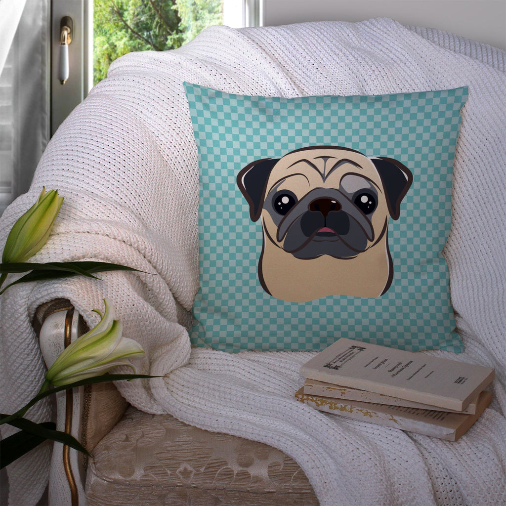Checkerboard Blue Fawn Pug Decorative Throw Pillow 14x14 Indoor Outdoor Accent Cushion, Fabric Cover with Insert for Sofa, Bed, Porch & Living Room