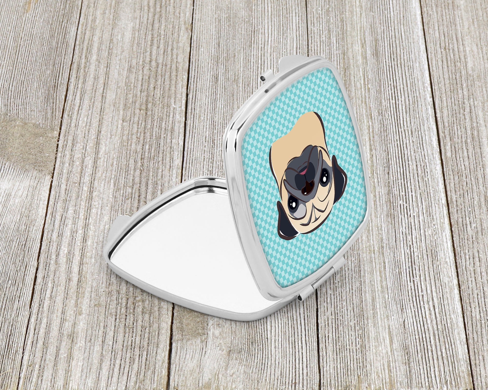 Checkerboard Blue Fawn Pug Compact Mirror Decorative Travel Makeup Mirror for Women Girls Gifts Pocket Makeup Mirror Folding Handheld