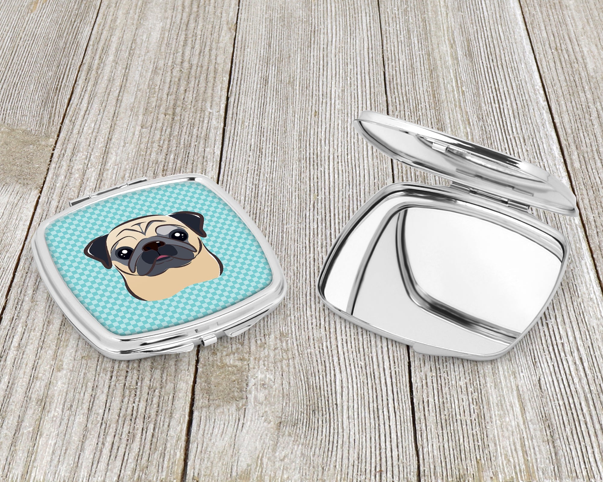 Checkerboard Blue Fawn Pug Compact Mirror Decorative Travel Makeup Mirror for Women Girls Gifts Pocket Makeup Mirror Folding Handheld
