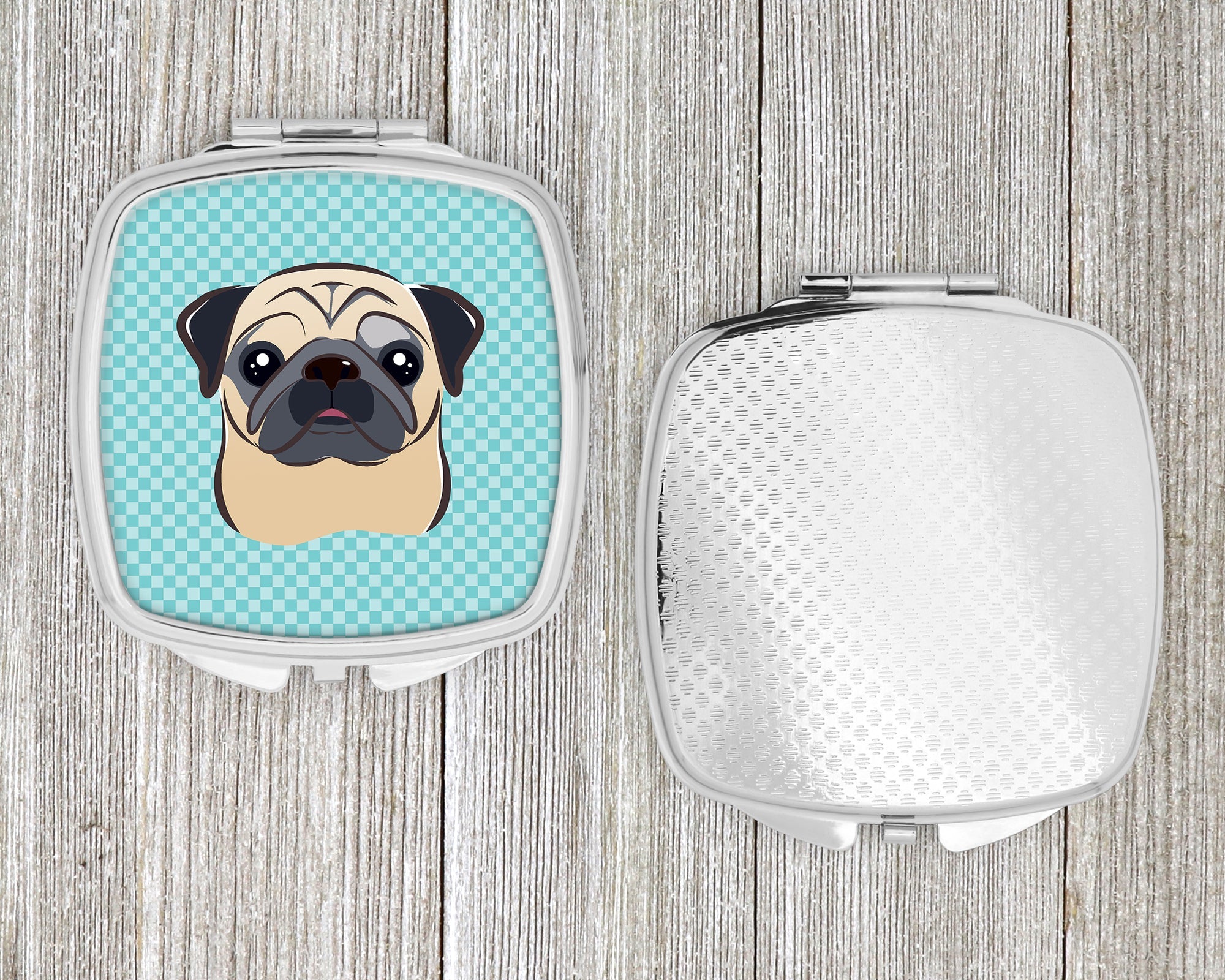 Checkerboard Blue Fawn Pug Compact Mirror Decorative Travel Makeup Mirror for Women Girls Gifts Pocket Makeup Mirror Folding Handheld